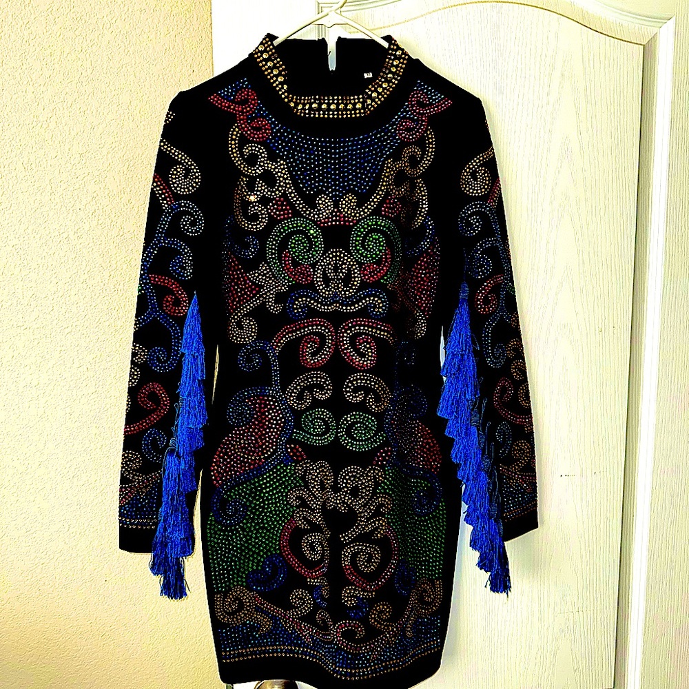 Extravagant black bandage multi color stone knee length dress with tassels!